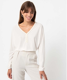 GEMO Tee-shirt femme à manches longues et encolure fantaisie blanc chine