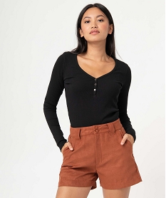 GEMO Tee-shirt femme à manches longues en maille côtelée noir standard