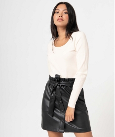 GEMO Tee-shirt femme à manches longues en maille côtelée blanc chine