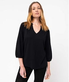 tee-shirt femme a manches 34 avec smocks sur le buste noir t-shirts manches longuesD412001_1