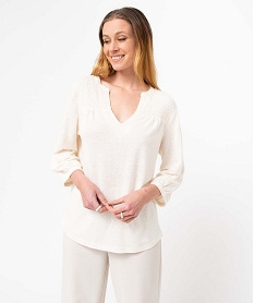 GEMO Tee-shirt femme à manches 34 avec smocks sur le buste blanc chine