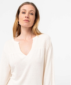 tee-shirt femme a manches 34 avec smocks sur le buste beige t-shirts manches longuesD412101_2