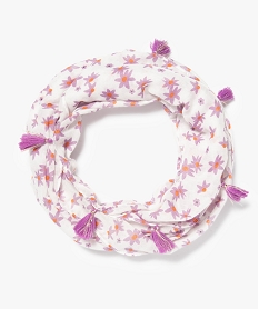 foulard fille forme snood a motifs fleuris et pompons blancD475001_1