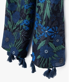 foulard femme a motifs fleuris et finitions pompons bleuD496101_2