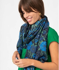foulard femme a motifs fleuris et finitions pompons bleuD496101_3