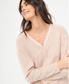 GEMO Haut de pyjama femme à manches longues en maille côtelée beige chine