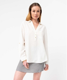 GEMO Chemise femme avec col boutonné contenant du lin blanc chine