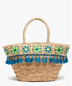 GEMO Sac de plage femme en paille avec broderies et pompons Beige