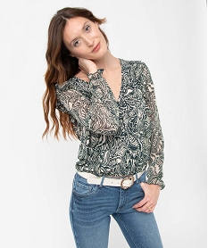 GEMO Tee-shirt femme imprimé à manches longues en voile et volants Vert