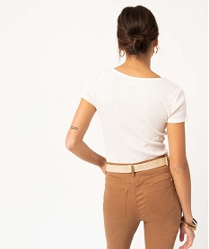 tee-shirt femme en maille cotelee avec col v fronce beige t-shirts manches courtesD649101_3