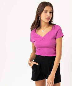 tee-shirt femme en maille cotelee avec col v fronce violet t-shirts manches courtesD649201_1