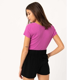 tee-shirt femme en maille cotelee avec col v fronce violet t-shirts manches courtesD649201_3