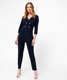 GEMO Combinaison pantalon femme avec haut croisé et boutons fantaisie Bleu