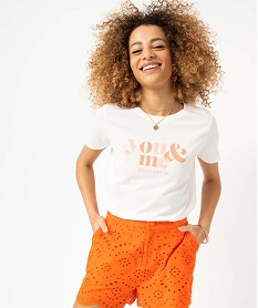 GEMO Tee-shirt femme à manches courtes à message pailleté Blanc