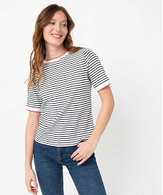 GEMO Tee-shirt femme rayé en maille côtelée Blanc