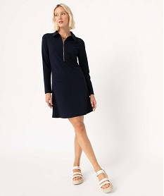 GEMO Robe femme en maille avec col chemise et zip Bleu