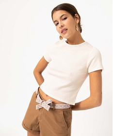 GEMO Tee-shirt femme à manches courtes en maille côtelée blanc chine