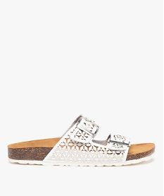 GEMO Mules femme à talon plat à double brides ajustables en cuir blanc standard