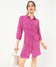 GEMO Robe femme imprimée à manches longues et col chemise Rose