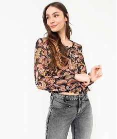 GEMO Blouse femme en voile imprimé avec finitions élastiques Violet