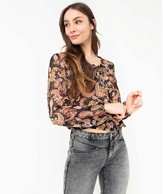 GEMO Blouse femme en voile imprimé avec finitions élastiques Imprimé