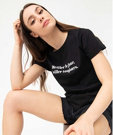 tee-shirt femme a manches courtes avec message noirD709101_1