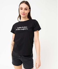 tee-shirt femme a manches courtes avec message noirD709101_2