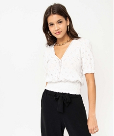 GEMO Tee-shirt femme à manches courtes avec détails ajourés Beige