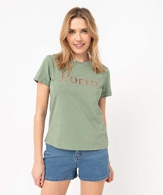 GEMO Tee-shirt femme à manches courtes à revers et inscription ajourée Vert