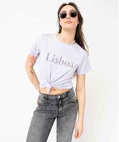 GEMO Tee-shirt femme à manches courtes à revers et inscription ajourée Violet