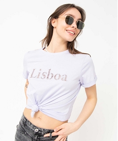 tee-shirt femme a manches courtes a revers et inscription ajouree violet t-shirts manches courtesD714101_2