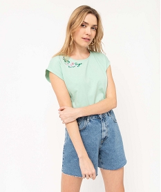 GEMO Tee-shirt femme à manches courtes à revers et coupe loose Vert