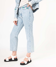 GEMO Jean coupe droite à taille haute en denim délavé avec broderie femme Bleu