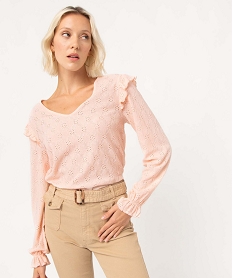 GEMO Tee-shirt femme à manches longues en maille ajourée Rose