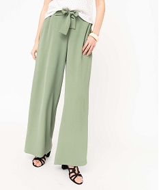 pantalon femme en crepe fluide a ceinture elastique et brides a nouer vert pantalonsD756201_1