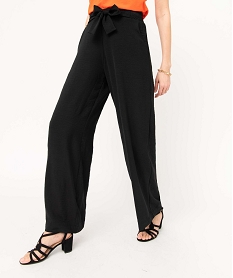 GEMO Pantalon femme en crêpe fluide à ceinture élastique et brides à nouer Noir