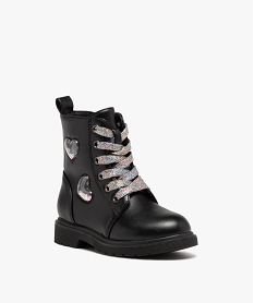 boots fille unies a lacets multicolores avec coeurs en relief noirD949501_2