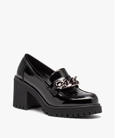 mocassins femme unis dessus vernis avec talon carre et semelle crante noirD986801_2