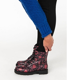 GEMO Boots femme mid-cut dessus uni verni à lacets colorés Noir