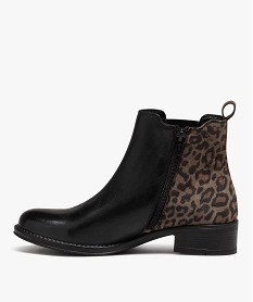 bottines femme a talon dessus en cuir bicolore imprime leopard noirD994401_3