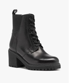 boots femme dessus en cuir uni a large talon carre et col elastique noirD999001_2