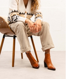 GEMO Boots femme en cuir uni à talon carré et bout pointu - Taneo marron standard