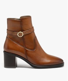 GEMO Boots femme en cuir uni à talon carré et bride à boucle - Taneo marron standard