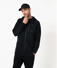 sweat zippe a capuche en maille extensible homme noir sweatsE047801_2