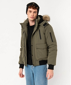 blouson matelasse a capuche bordee de fourrure imitation homme vert manteaux et blousonsE057201_1