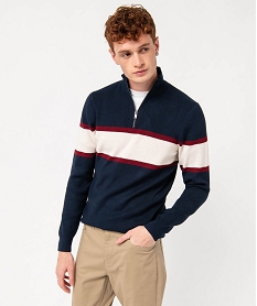 GEMO Pull tricolore à col montant zippé homme Bleu