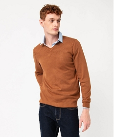 GEMO Pull fin avec col V et maille fantaisie homme marron standard