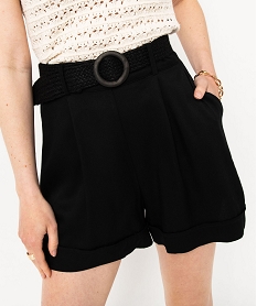 short taille haute en toile avec ceinture tressee femme noir shortsE071401_2