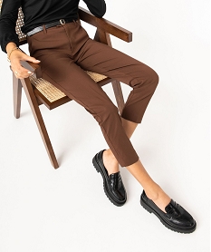 pantalon en toile extensible coupe slim femme avec ceinture brun pantalonsE080701_1