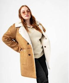 manteau en suedine double sherpa femme grande taille brun vestes et manteauxE088001_1